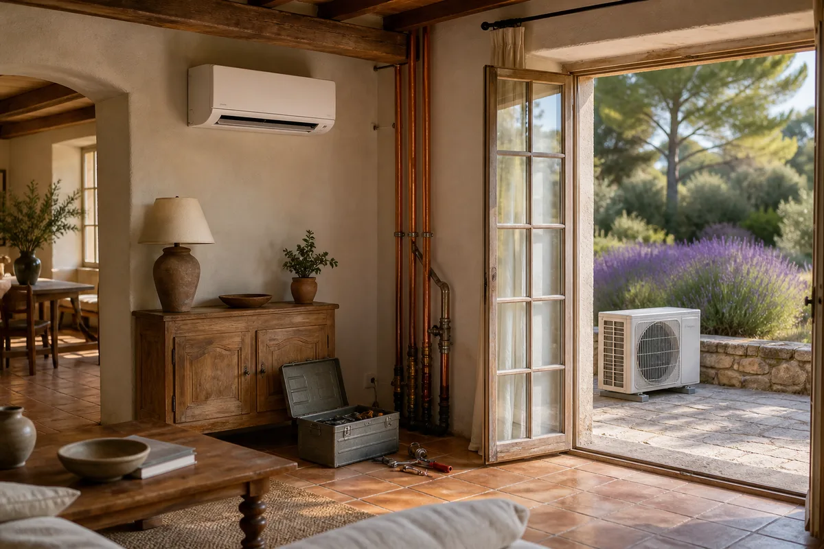 Unité extérieure de climatisation réversible fixée sur le mur d’une maison provençale sous un ciel d’été